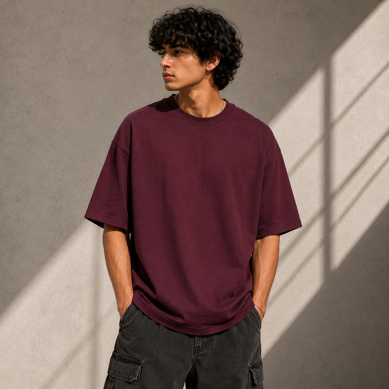 Maroon_Cotton_Blend_Regular_Fit_Graphic_Oversized_T-Shirt_For_Men