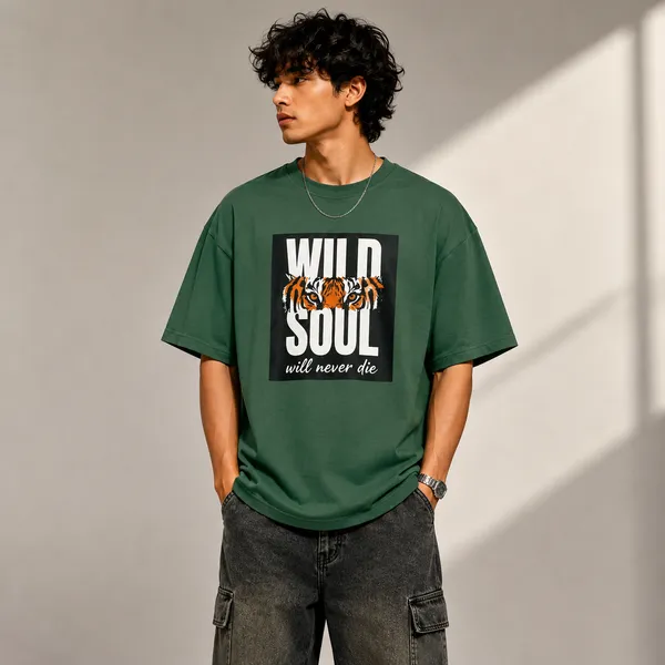White_Cotton_Blend_Regular_Fit_Tiger_Graphic_Oversized_T-Shirt_For_Men