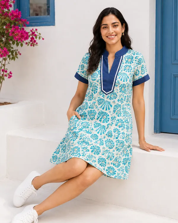 White_And_Blue_Printed_A-Line_Dress_for_Women