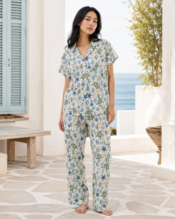 Cream_Printed_Short_Sleeve_Pajama_Set_For_Women