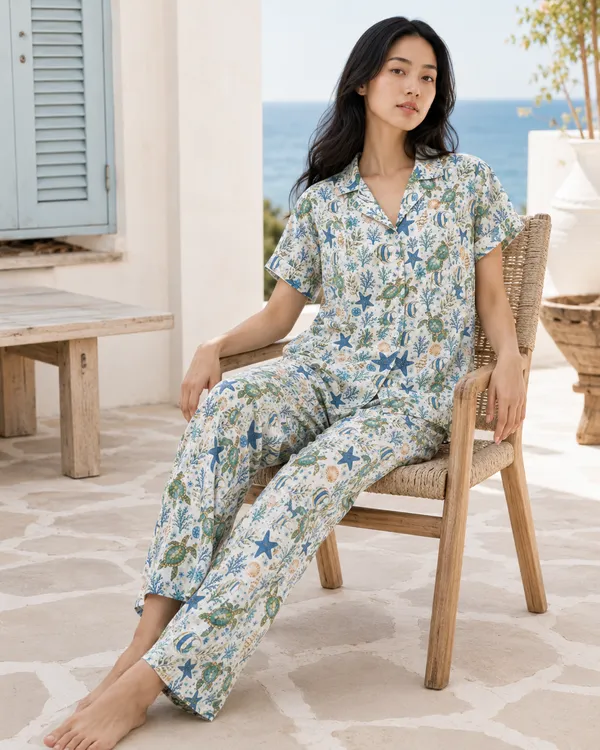 Cream_Printed_Short_Sleeve_Pajama_Set_For_Women