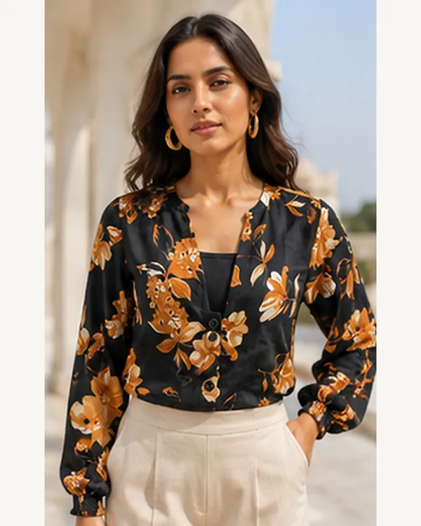 Black_Floral_Print_Button_Front_Jacket_for_Women