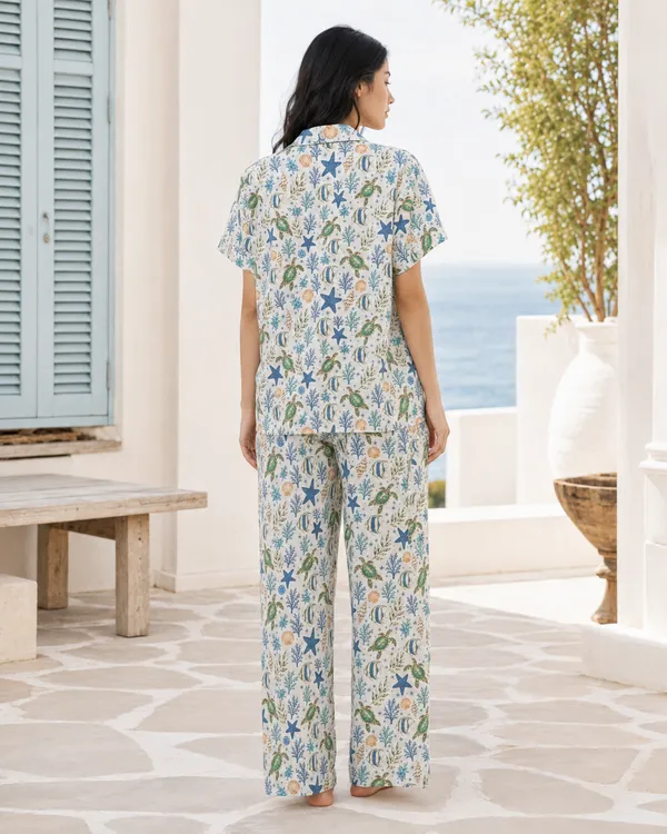 Cream_Printed_Short_Sleeve_Pajama_Set_For_Women