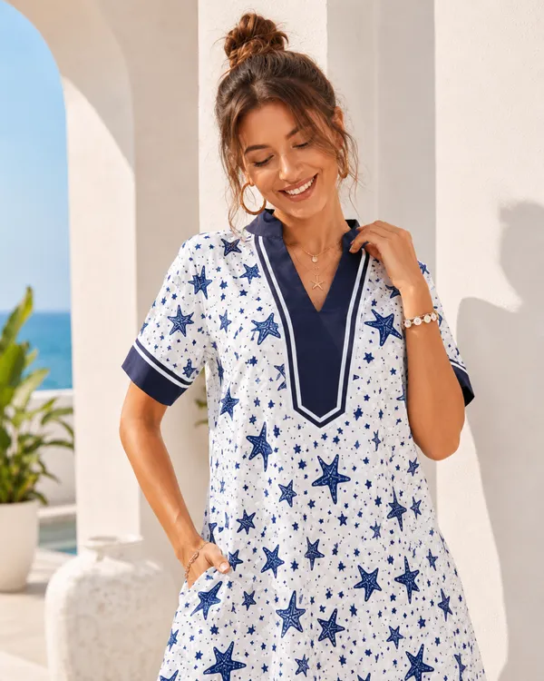 White_And_Blue_Printed_V-Neck_Dress_for_Women