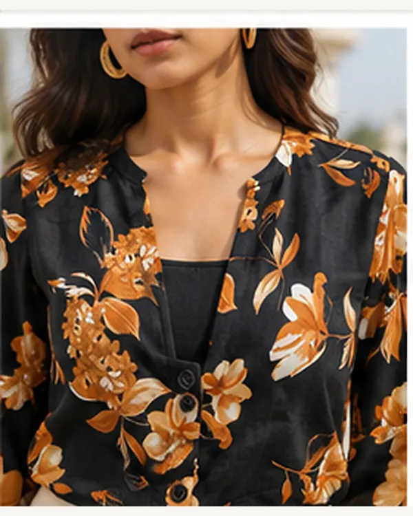 Black_Floral_Print_Button_Front_Jacket_for_Women