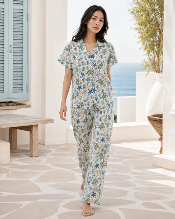 Cream_Printed_Short_Sleeve_Pajama_Set_For_Women