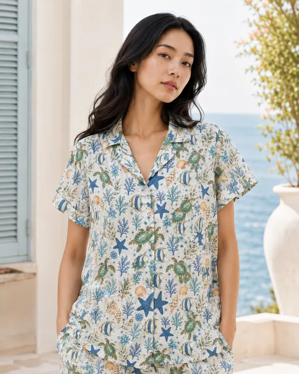 Cream_Printed_Short_Sleeve_Pajama_Set_For_Women