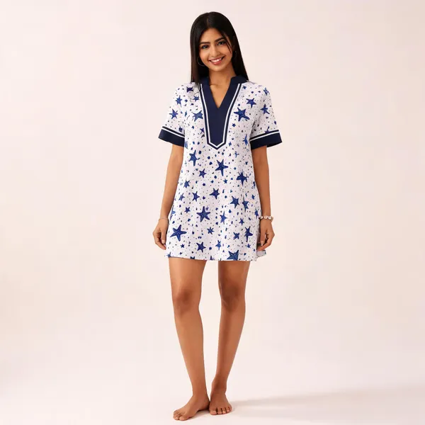 White_And_Blue_Printed_V-Neck_Dress_for_Women