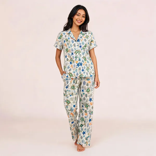 Cream_Printed_Short_Sleeve_Pajama_Set_For_Women