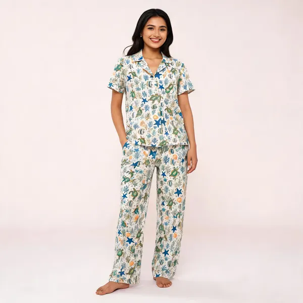 Cream_Printed_Short_Sleeve_Pajama_Set_For_Women