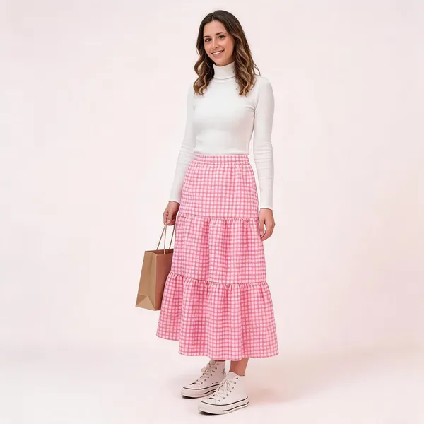 Pink_Gingham_Tiered_Midi_Skirt_for_Women