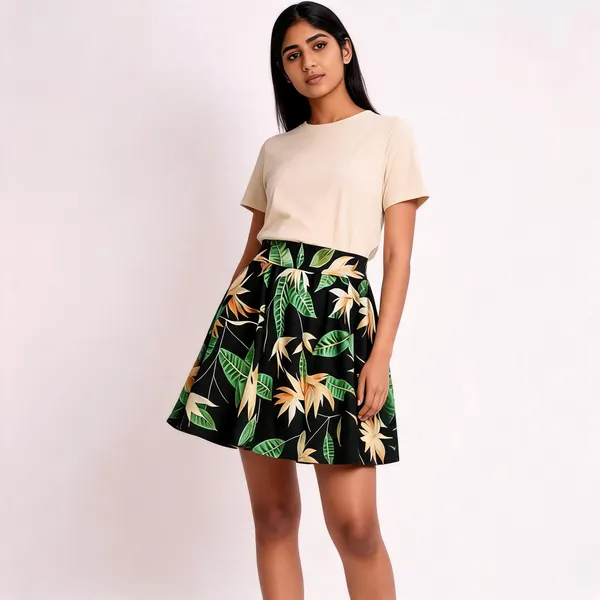 Black_Floral_Print_Flared_Skirt_for_Women