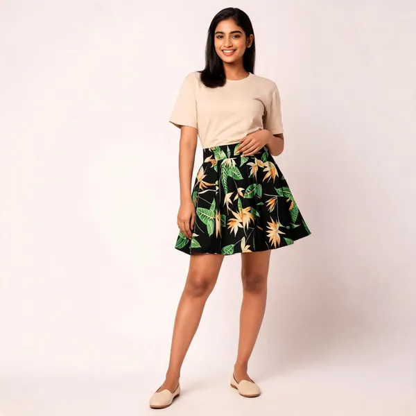 Black_Floral_Print_Flared_Skirt_for_Women