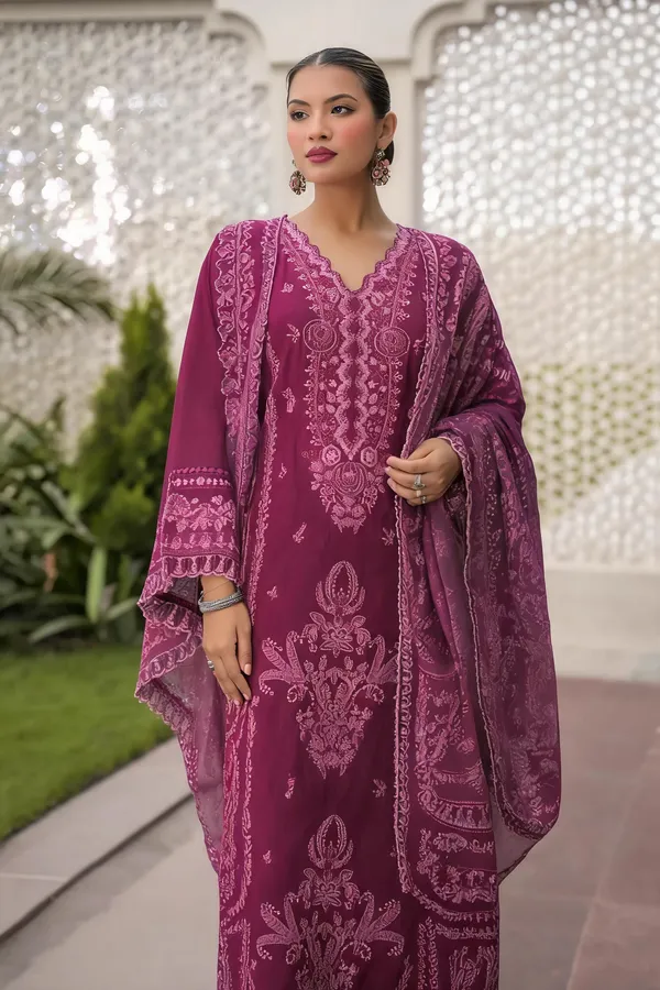 Magenta_Cotton_Embroidered_Kurta_With_Dupatta_For_Women