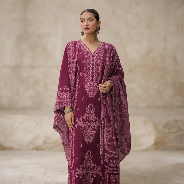 Magenta_Cotton_Embroidered_Kurta_With_Dupatta_For_Women