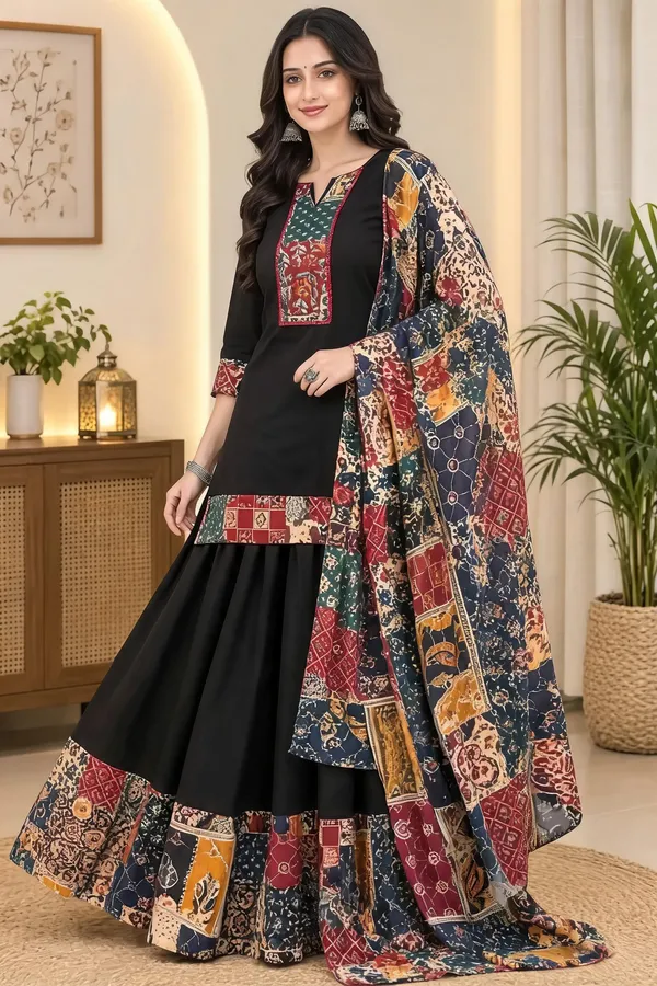 Black_Cotton_Printed_Kurta_Skirt_Dupatta_Set_For_Women