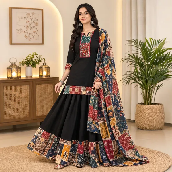 Black_Cotton_Printed_Kurta_Skirt_Dupatta_Set_For_Women
