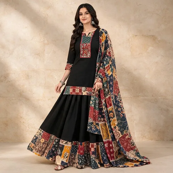 Black_Cotton_Printed_Kurta_Skirt_Dupatta_Set_For_Women