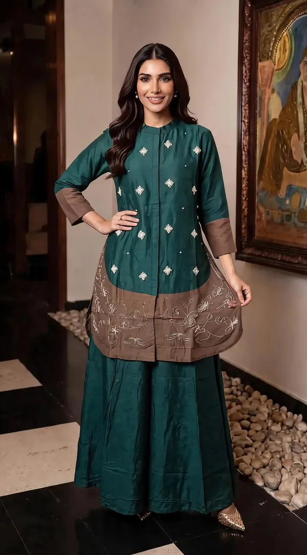 Teal_Crepe_Embroidered_Kurta_Sharara_Set_For_Women