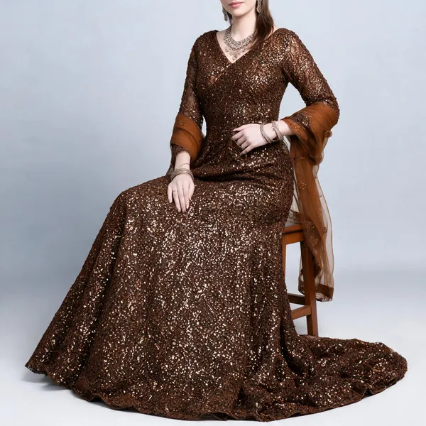 Brown_Net_Sequin_Flared_Lehenga_Choli_Set_For_Women