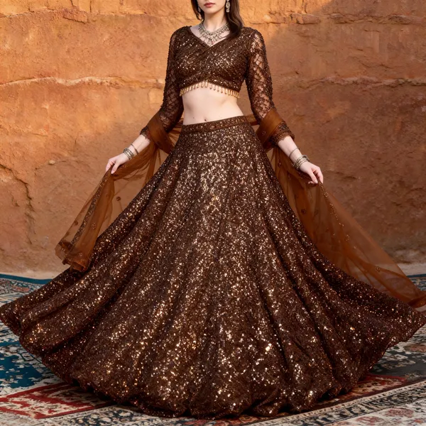 Brown_Net_Sequin_Flared_Lehenga_Choli_Set_For_Women