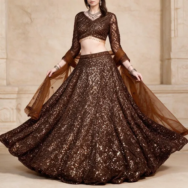 Brown_Net_Sequin_Flared_Lehenga_Choli_Set_For_Women