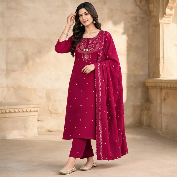 Magenta_Cotton_Embroidered_Straight_Kurta_Set_For_Women