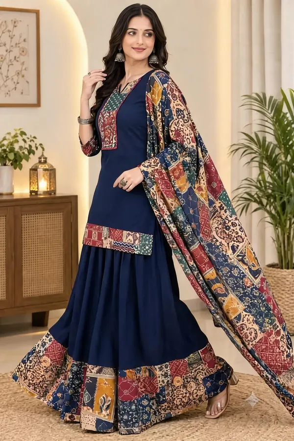 Navy_Cotton_Printed_Flared_Suit_Set_For_Women