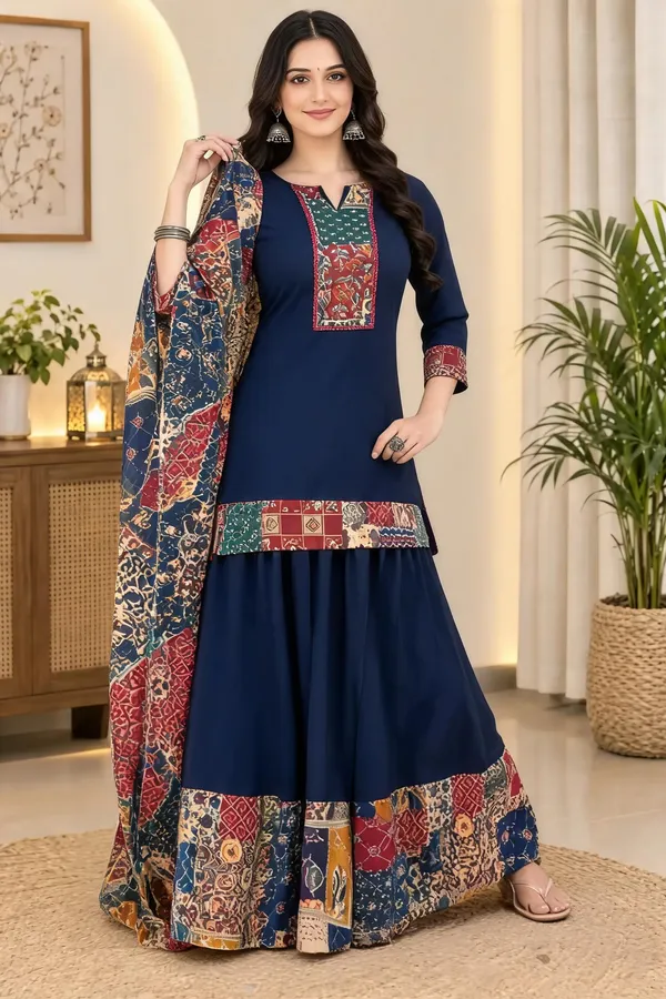 Navy_Cotton_Printed_Flared_Suit_Set_For_Women