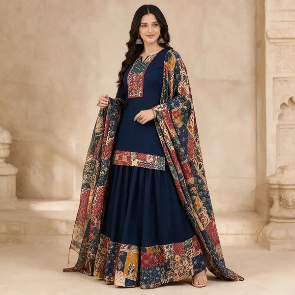 Navy_Cotton_Printed_Flared_Suit_Set_For_Women