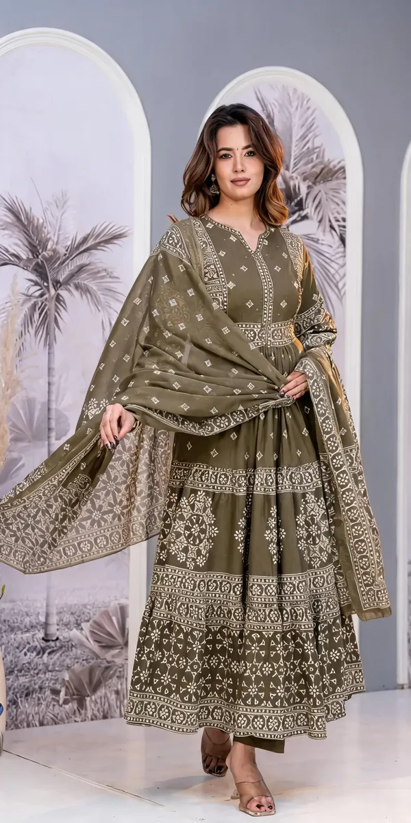Olive_Cotton_Printed_Anarkali_Kurta_Set_For_Women