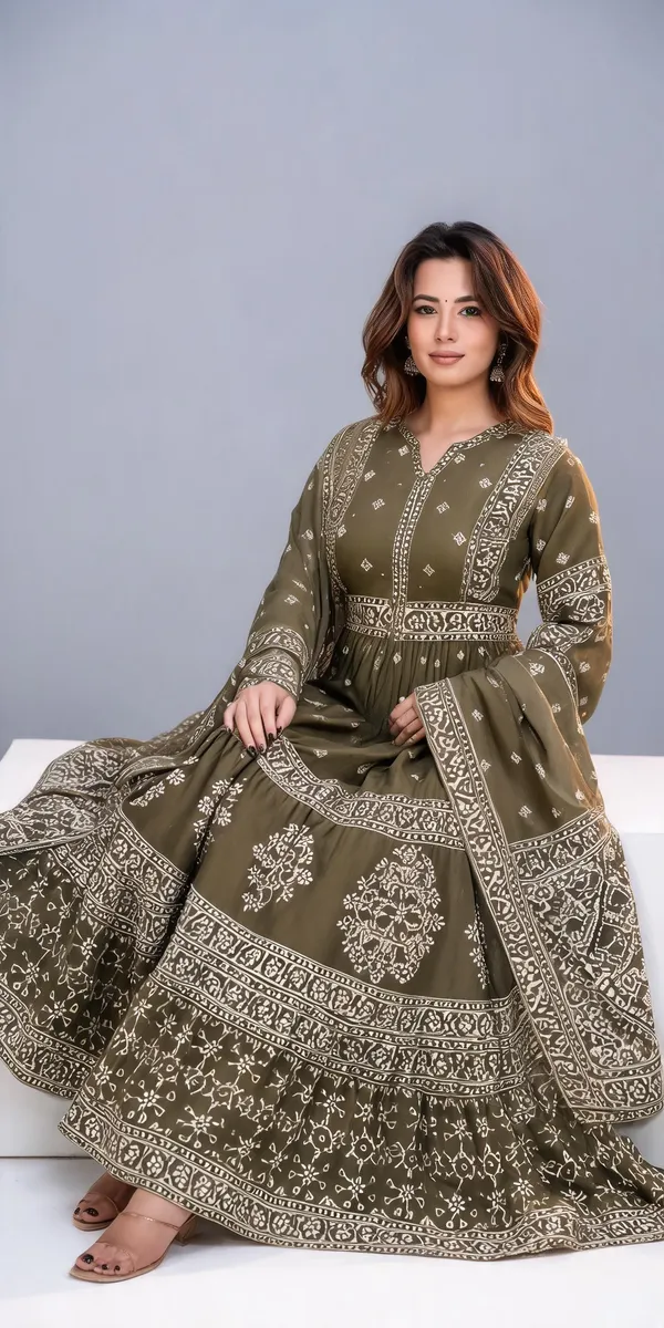 Olive_Cotton_Printed_Anarkali_Kurta_Set_For_Women