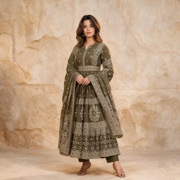 Olive_Cotton_Printed_Anarkali_Kurta_Set_For_Women