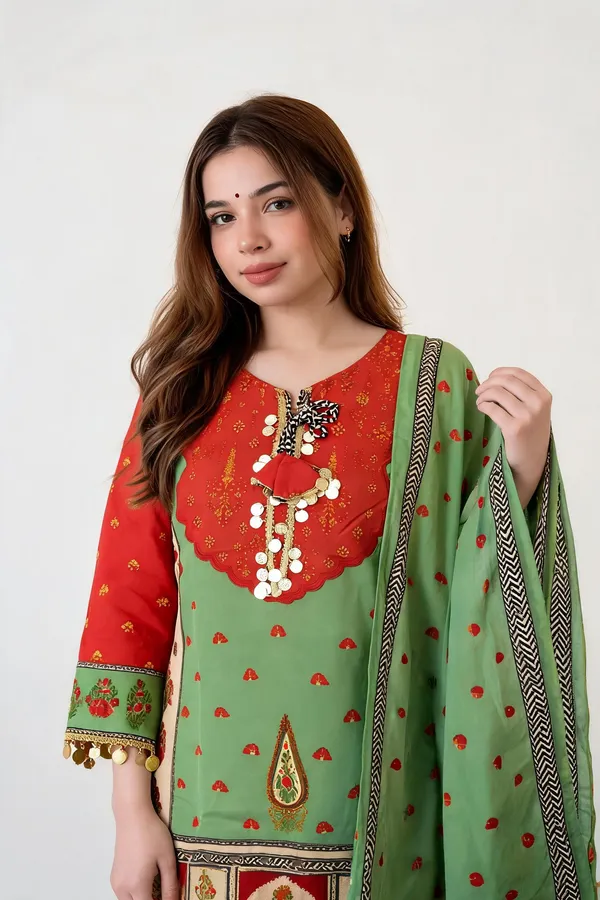 Green_And_Red_Cotton_Chanderi_Printed_Ethnic_Suit_Set_For_Women