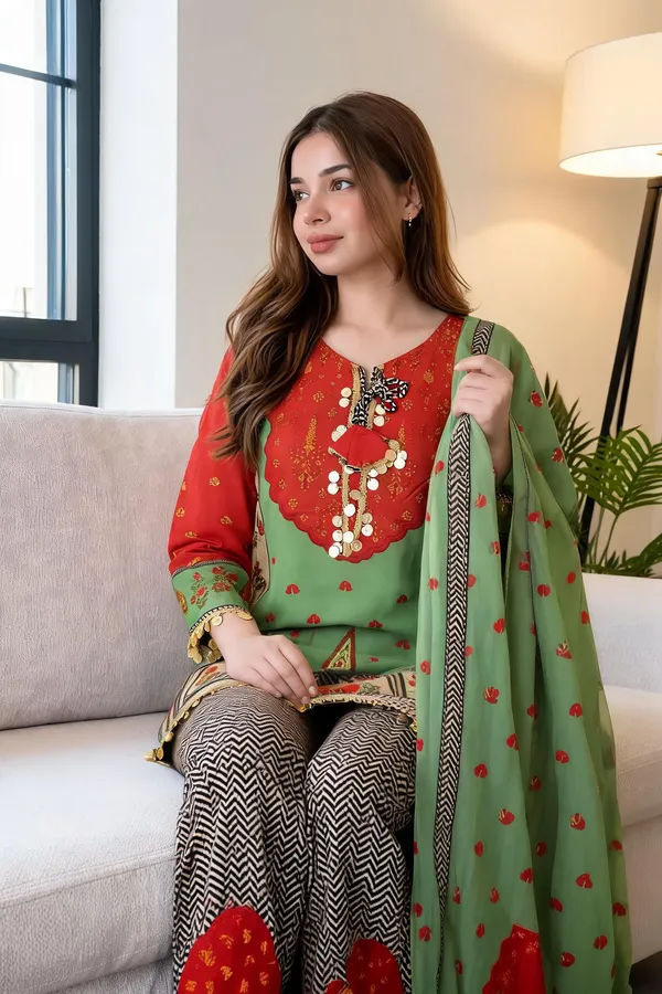 Green_And_Red_Cotton_Chanderi_Printed_Ethnic_Suit_Set_For_Women