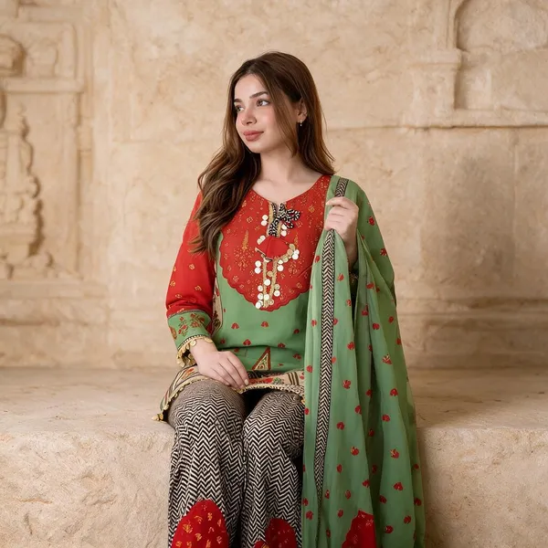 Green_And_Red_Cotton_Chanderi_Printed_Ethnic_Suit_Set_For_Women
