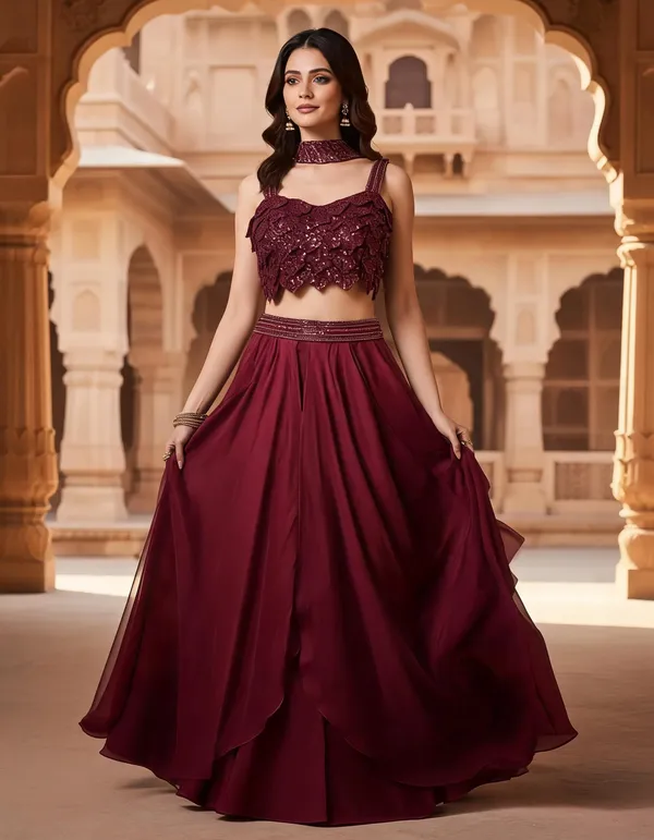Maroon_Organza_Embellished_Flared_Lehenga_Choli_For_Women