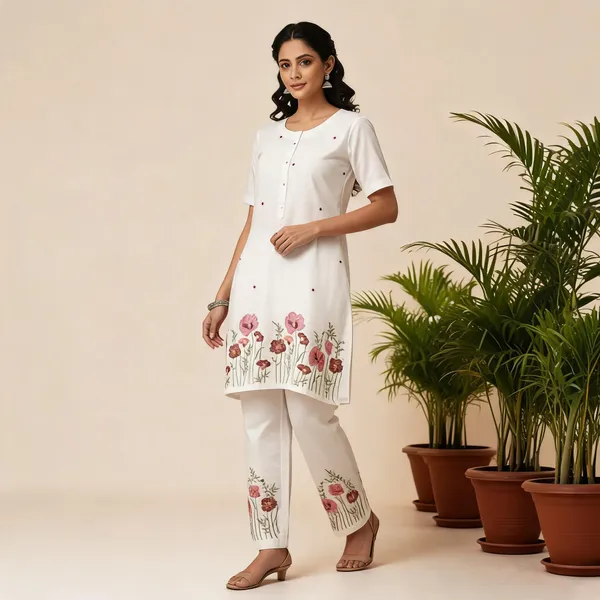 Off_White_Cotton_Floral_Kurta_Pant_Set_For_Women