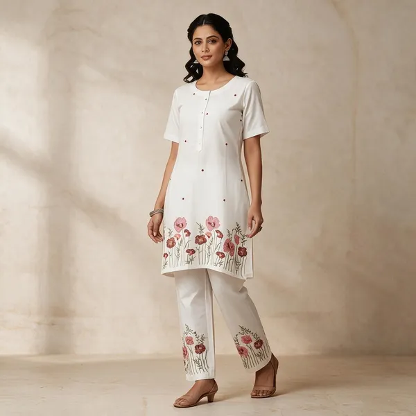 Off_White_Cotton_Floral_Kurta_Pant_Set_For_Women