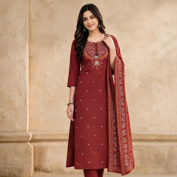 Maroon_Cotton_Printed_Straight_Kurta_Set_For_Women