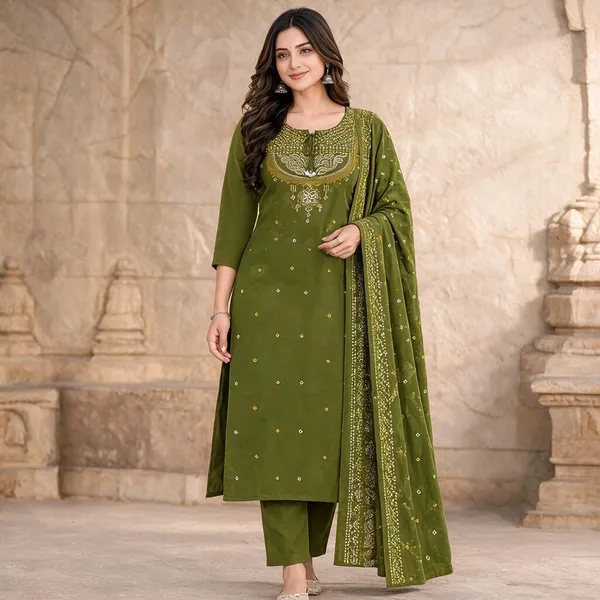 Olive_Green_Cotton_Embroidered_Straight_Kurta_Set_For_Women