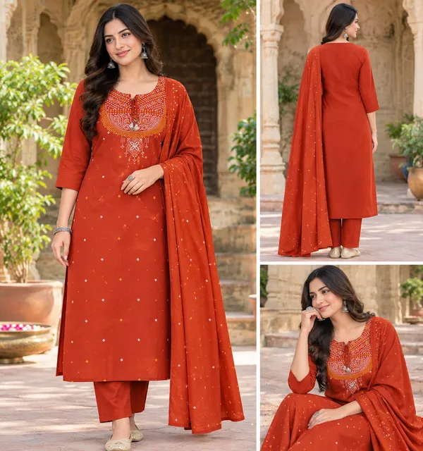 Rust_Embroidered_Straight_Kurta_Set_With_Dupatta_for_Women
