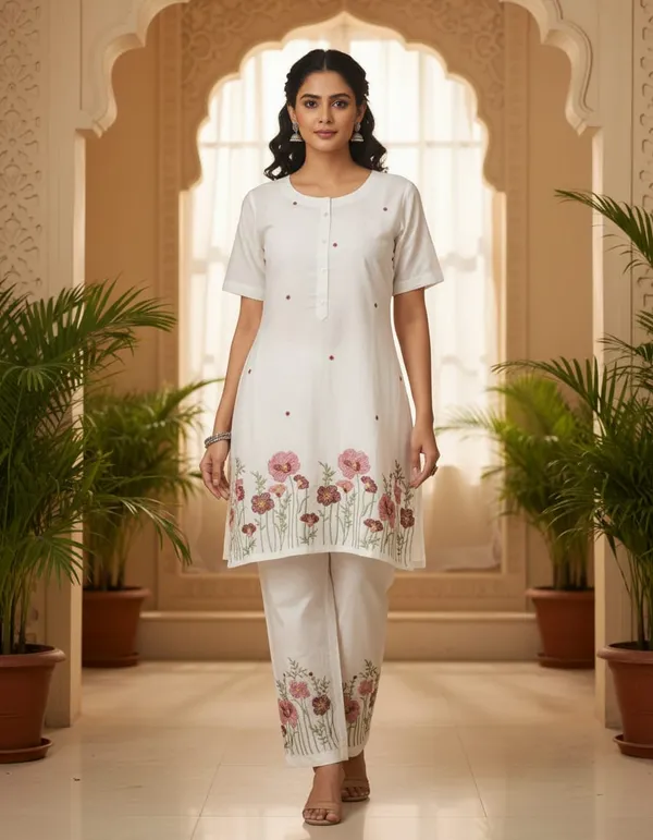 Off_White_Cotton_Floral_Kurta_Pant_Set_For_Women