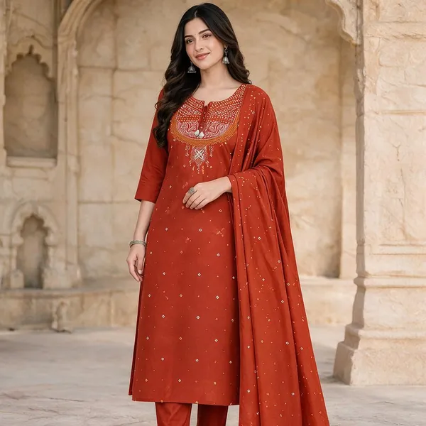 Rust_Cotton_Embroidered_Straight_Kurta_Set_With_Dupatta_For_Women