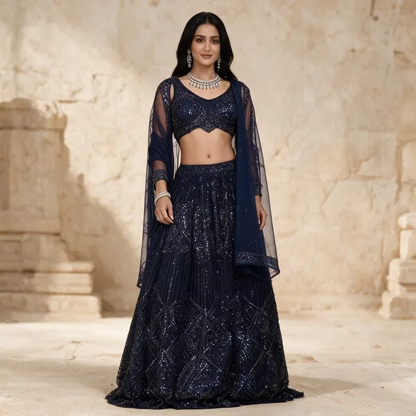 Navy_Net_Embellished_Lehenga_Choli_Set_For_Women