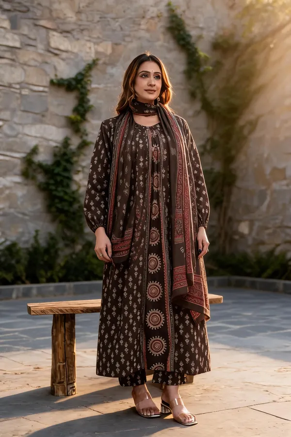Brown_Cotton_Printed_Ethnic_Kurta_Set_For_Women
