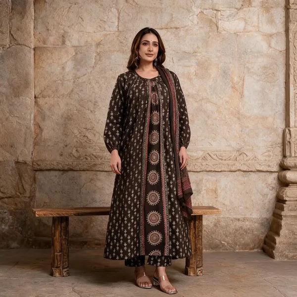 Brown_Cotton_Printed_Ethnic_Kurta_Set_For_Women