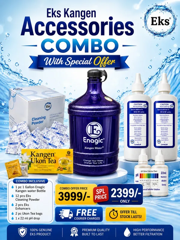 Eks_Kangen_Accessories_Combo_1_Gallon_Bottle_+24_Eks_Cleaning_powder_+2x400ml_Enhancers_+_2Ukon_Tea_Bags_+_1x22ml_pH_drops