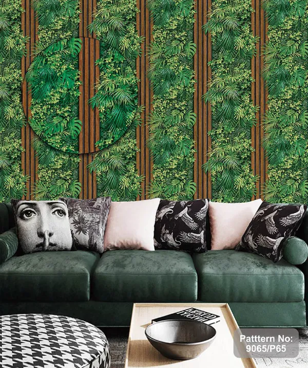 Luxury_Tropical_style_vertical_garden_wallpaper_featuring_green_leaves_combined_with_a_Wooden_panel_pattern_|_Wallpaper_for_Cafe,_Office_&_Home_|_Wall_Covering_|_Wallpaper_Roll_(53_x_1000cm)