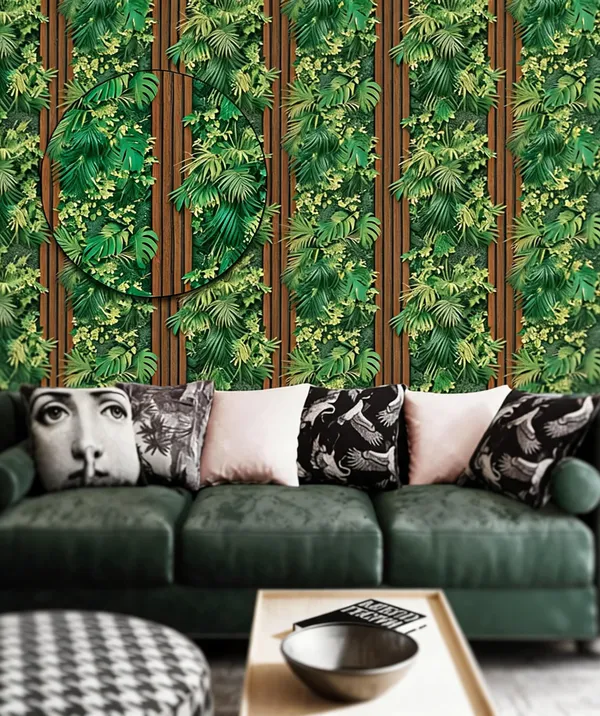 Luxury_Tropical_Style_Vertical_Garden_Wallpaper_Featuring_Green_Leaves_Combined_With_A_Wooden_Panel_Pattern_|_Wallpaper_For_Cafe,_Office_&_Home_|_Wall_Covering_|_Wallpaper_Roll_(53_X_1000Cm)